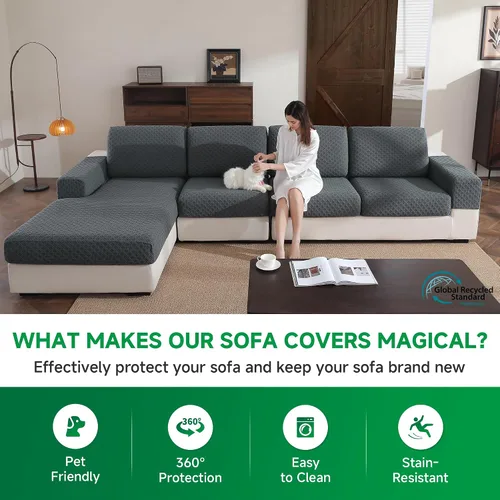 Vista 5 de OHSIO Funda para sofá, funda elástica para sofá, fundas de cojín de asiento suave, lavable, funda de sofá modular en forma de L, resistente al Gris