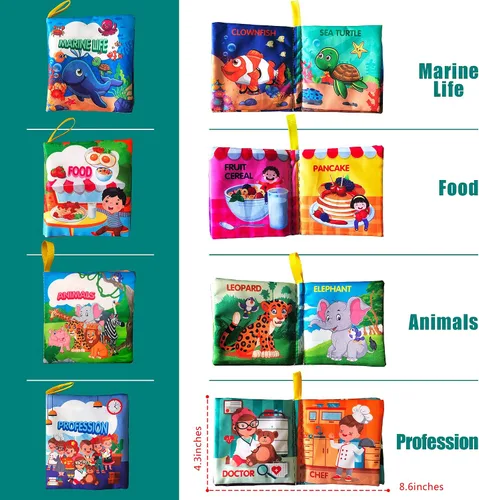 Vista 2 de Libros de tela suave para bebés, paquete de 4 unidades, alimentos y vida marina, animales y profesiones, juguetes para bebés, regalo de aprendizaje