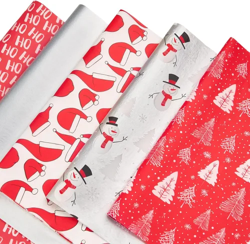 Vista 10 de PAPER FAIR HoHoHo - Juego de 100 hojas de papel de seda de regalo verde vintage dorado y plateado, papel de seda de copo de nieve HoHoHo, para caja