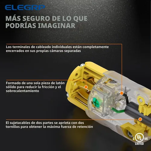 Vista 3 de ELEGRP NEMA 5-15R de 15 amperios, 125 voltios, 2 polos, 3 cables, conexión a tierra, hoja recta, enchufe eléctrico, cable de repuesto, grado