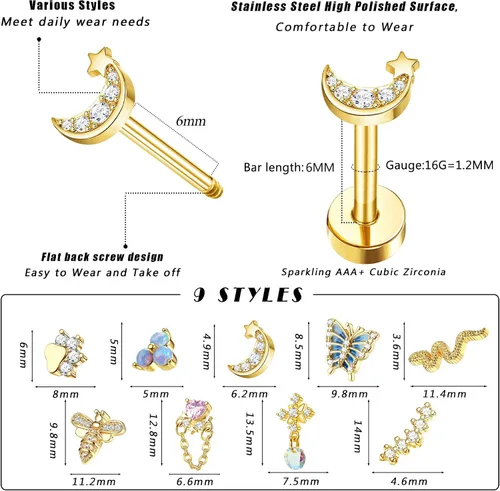 Vista 2 de FUNRUN JEWELRY 9 aretes de cartílago de 16G para mujer, acero inoxidable 316L, parte trasera plana, circonita cúbica, mariposa, flor, cartílago