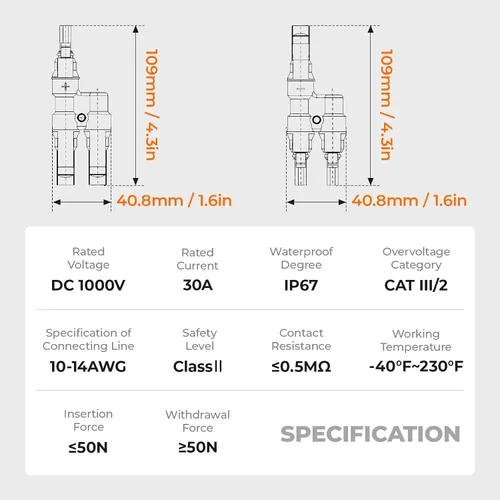 Vista 7 de Conector de panel solar 2 a 1 Divisor de panel solar de rama en Y de 2 vías, 1000 V, FMM+MFF, rama Y, conectores paralelos para conexión paralela