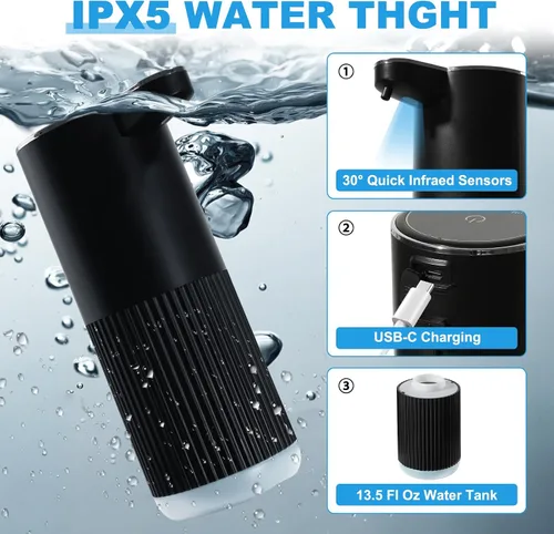 Vista 4 de RYTOXILO Dispensador Automático de Jabón Espumoso, Paquete de 2 Dispensadores de Jabón de Manos Espumoso Negros sin Contacto para Baño, 13.5 Fl Oz