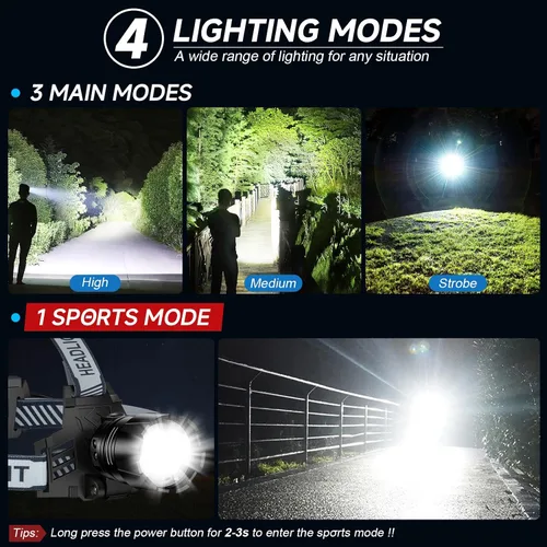 Vista 4 de Linterna frontal recargable, 99000 LM LED súper brillante con sensor de movimiento y 3 modos, luces frontales ajustables 90° para la frente, más