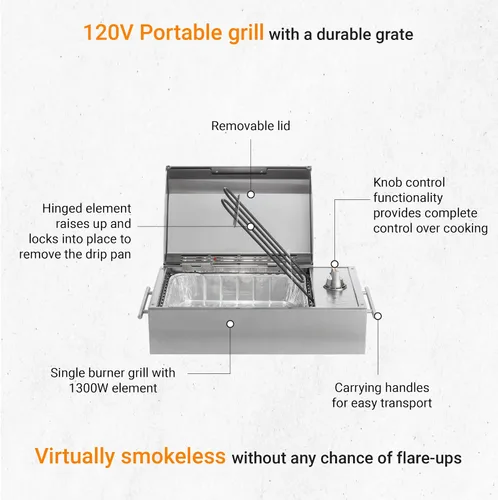 Vista 4 de Kenyon B70200 City Grill, parrilla portátil, acero inoxidable, quemador único, control de perilla, tapa facetada, aprobado por UL