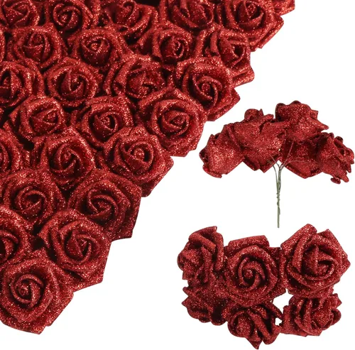 Vista 12 de Ramo de rosas negras con purpurina, 72 piezas de rosas artificiales de espuma con tallos para bricolaje, boda, hogar, fiesta, Navidad, Halloween 72