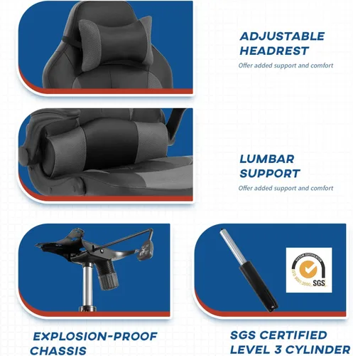 Vista 6 de Sillas de juegos para adultos, silla giratoria de piel sintética, ajustable, con soporte lumbar, reposabrazos abatibles, reposacabezas para adultos