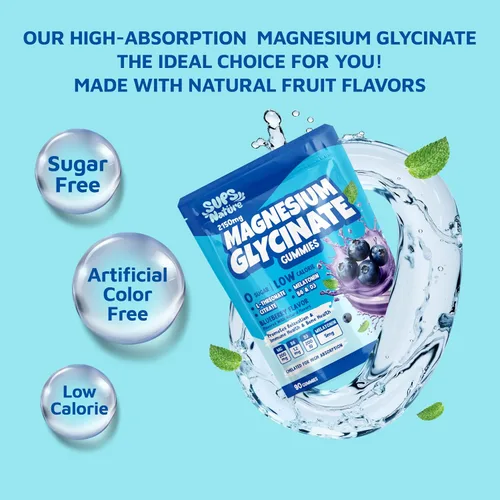 Vista 2 de Gomitas de glicinato de magnesio 2150 mg con melatonina 5 mg para adultos, apoyo para el sueño, alivio del estrés, gomitas de arándanos 90 CT