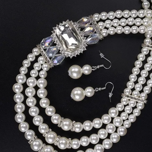 Vista 3 de Juego de collar y aretes de perlas de imitación blancas de 3 capas de los años 20 con cristal y diamantes de imitación, collar de perlas largas