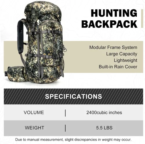 Vista 4 de MOXULE Mochila Pro 2400 Camo Frame - Paquete de transportador de carne con cubierta para lluvia Camuflaje 40L