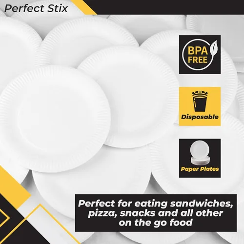 Vista 4 de Perfect Stix Platos de papel sin recubrimiento de 9 pulgadas, color blanco, paquete de 200