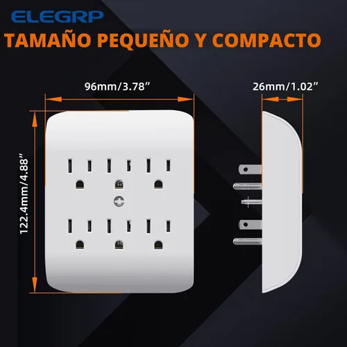 Vista 6 de ELEGRP Extensor de 6 salidas con anclaje central, pestaña de pared con conexión a tierra de 3 puntas, extensor de salida múltiple con 6 tomas