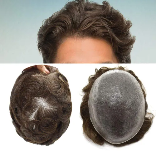 Vista 41 de Pieza de pelo para hombre, sistema de reemplazo de cabello de piel ultra fina para hombres, pieza de pelo de tupé para hombres, cabello humano real
