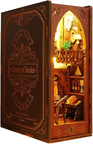 Vista 13 de Rompecabezas de madera 3D con caja de música de luz sensor, kit de montaje de rincón de libros en miniatura para casa de muñecas, sujetalibros, kit