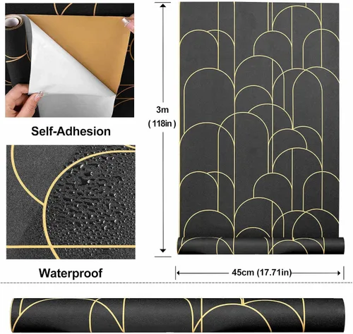 Vista 5 de Papel tapiz para despegar y pegar, moderno papel tapiz geométrico negro/dorado, 17.71 x 118 pulgadas, papel tapiz autoadhesivo extraíble, papel