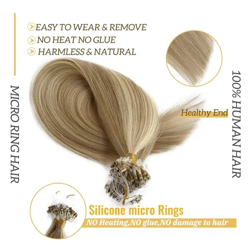 Vista 3 de Extensiones de cabello Microlink con reflejos, cabello humano lacio de 14 pulgadas, rubio caramelo resaltado, 50G/50S