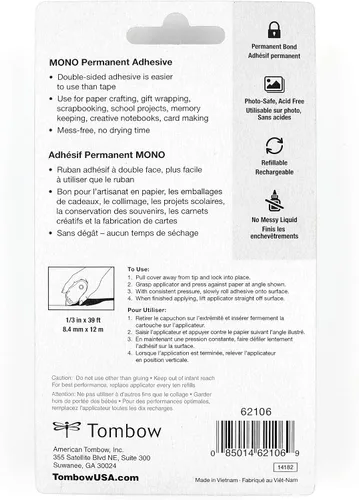 Vista 7 de Tombow 62106 Aplicador de Adhesivo Permanente Mono. Ejecutor de Cinta Fácil de Usar para Unión Fuerte e Instantánea.