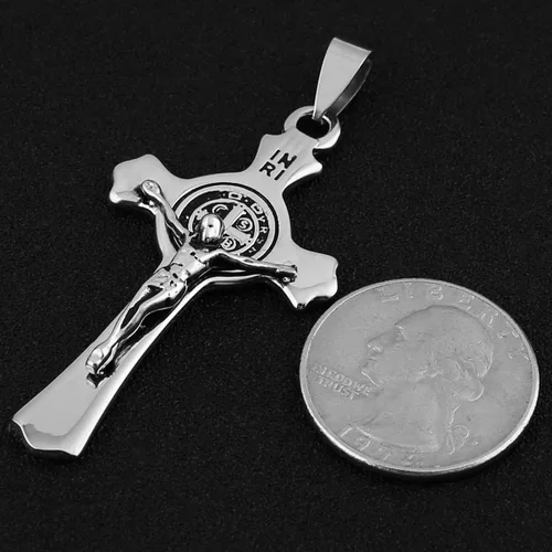Vista 5 de HZMAN Religión Acero Inoxidable Saint St. Benedict Crucifijo Cruz Colgante Collar INRI