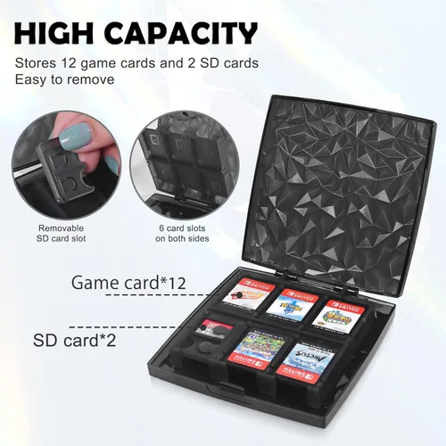 Vista 3 de DLseego Funda para tarjetas de juego de cristal negro para interruptor regular Lite OLED, 11 ranuras para tarjetas de juego, 2 ranuras
