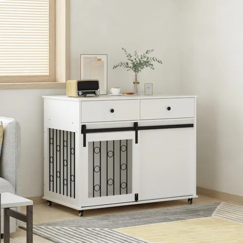 Vista 7 de Mueble moderno de madera para perros con cajones dobles y puerta corrediza de granero, mesa auxiliar decorativa para perrera con ruedas