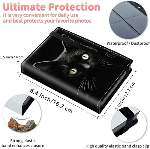 Vista 3 de Álbum de fotos de gatos negros de 4 x 6 pulgadas, 120 bolsillos con banda elástica fuerte, carpeta protectora de hojas pequeñas para fotos, álbum