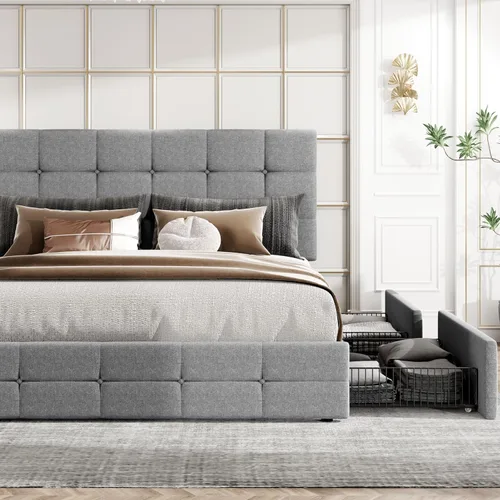 Vista 3 de HOOMIC Base de cama de plataforma tamaño King con 4 cajones de almacenamiento, cabecera ajustable con diseño de botones cosidos cuadrados, listones