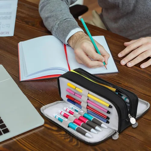 Vista 6 de Chelory Estuche para lápices de gran capacidad, bolsa de almacenamiento grande, bolsa de lápices de 3 compartimentos para papelería, estuche