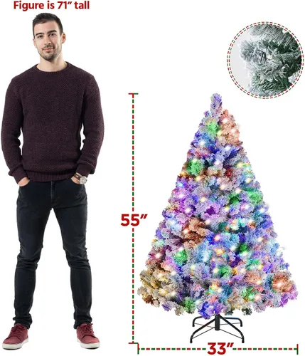 Vista 3 de Yaheetech Árbol de Navidad artificial de abeto preiluminado de 4.5 pies, flocado con nieve, con bisagras, con 100 luces LED multicolor y 340 puntas