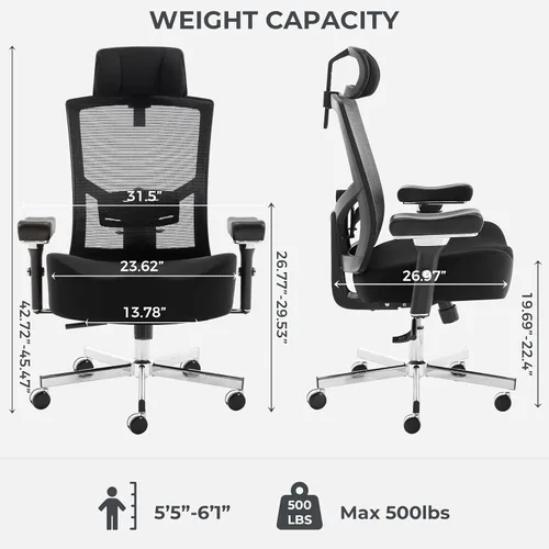 Vista 2 de Silla de oficina grande y alta de 700 libras con cojín ergonómico ancho y grueso, silla de escritorio de malla de gran tamaño con lumbar ajustable