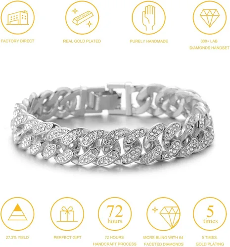 Vista 8 de Halukakah Cadena de eslabones cubanos para hombres helados, cadena de oro para hombre de 0.591in, pulseras Miami de 7 pulgadas (7.1in) en chapado