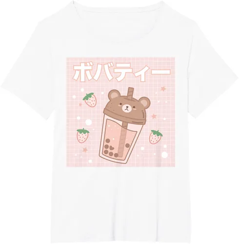 Vista 72 de Camiseta estética Kawaii con diseño de oso lindo y té con leche burbuja, talla S Blanco