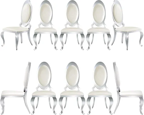Vista 15 de ACEDÉCOR Sillas de comedor blancas y doradas, modernas sillas de piel sintética blanca, magnífica silla ovalada con respaldo de acero inoxidable