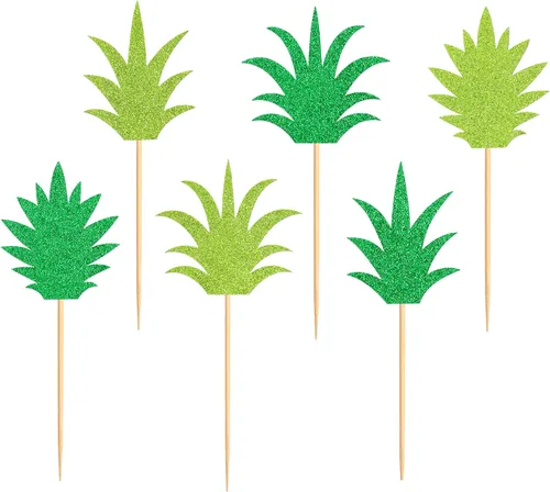 Vista 7 de Ercadio Paquete de 24 adornos para cupcakes de piña, color verde, con purpurina, dona, piña, cupcakes, hawaiano, tropical, divertido, tema de piña