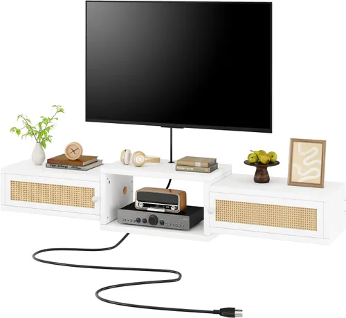 Vista 11 de IBUYKE Soporte flotante moderno de ratán para TV con puertas, estante de TV montado en la pared para televisores de hasta 55 pulgadas, consola