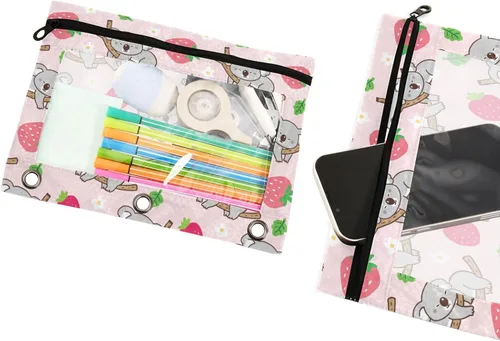 Vista 4 de Estuche para lápices para carpetas de 3 anillos con cremallera, se adapta a carpetas estándar, estuche de lápices de koala de fresa para oficina