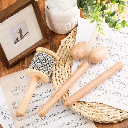 Vista 4 de Nuanchu Juego de 5 piezas de instrumentos de percusión de mano de madera, mini cabasa de madera con panes de acero inoxidable, instrumento musical