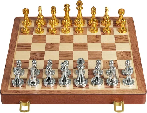 Vista 9 de BIVOMON Juego de ajedrez de metal para adultos y niños, tablero de ajedrez de madera plegable de 12 pulgadas con piezas de ajedrez de metal, juego