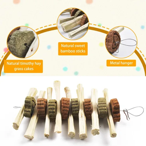 Vista 2 de kathson 4 juguetes masticables de conejo para dientes, juguete masticable colgante de conejo, palitos de bambú dulce natural con hierba de heno