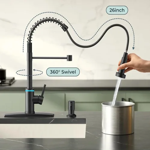 Vista 7 de Grifo de cocina táctil, rociador desplegable de 3 modos, sensor activado, válvula de cerámica, control de temperatura LED, rotación de 360 grados