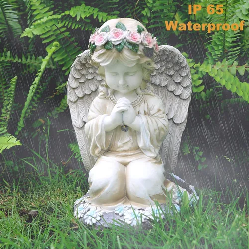 Vista 5 de Sharita Figura de ángeles rezando, estatuas solares de ángel de jardín, escultura de ángel arrodillado impermeable, adorno de decoración al aire