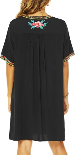 Vista 4 de AK Vestido campesino mexicano bohemio de verano para mujer, manga corta, floral, bordado, suelto, hippie, túnica bohemia