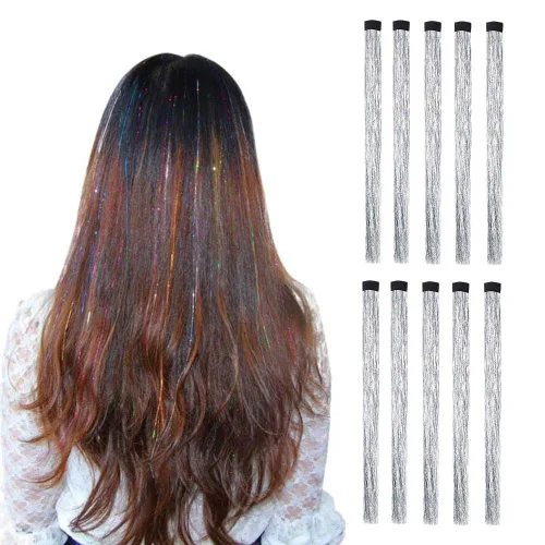 Vista 9 de 10 unids/set de extensiones de pelo de oropel con clip, multicolores con purpurina, mechones de pelo de hadas para mujeres bronce