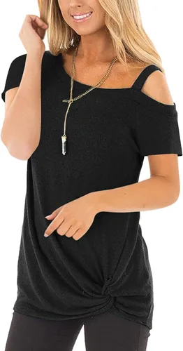 Vista 4 de Temofon - Camisetas de mujer, sin hombros, camiseta de verano informal, de manga corta, con diseño de nudo trasero y hombros desnudos, tallas S a 2XL