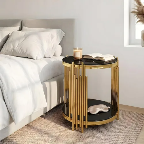 Vista 7 de Mesa auxiliar redonda de vidrio de 20 pulgadas, mesa auxiliar circular dorada de 2 niveles con patas de acero inoxidable y vidrio templado negro