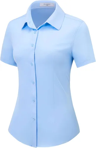 Vista 10 de Camisas con botones para mujer, de manga corta, elásticas, sin arrugas, para negocios, casual, oficina, blusa de trabajo