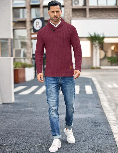 Vista 8 de COOFANDY Suéter de punto con cuello de chal para hombre, estilo casual, ajustado, con botones, texturizado