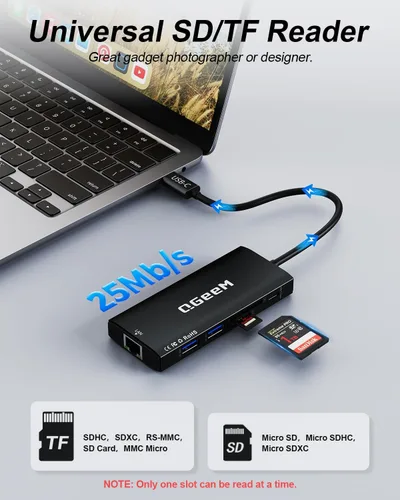 Vista 5 de Hub USB C, estación de acoplamiento para laptop 10 en 1, monitor dual individual 8K y 2x4K @60Hz, adaptador multipuerto tipo C con 2 HDMI, PD100W