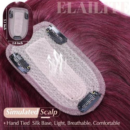 Vista 4 de Elailite Pelucas para mujeres con flequillo, cabello humano real, topper con cabello delgado, 13 cm x 7 cm, base de seda, clip en piezas de cabello
