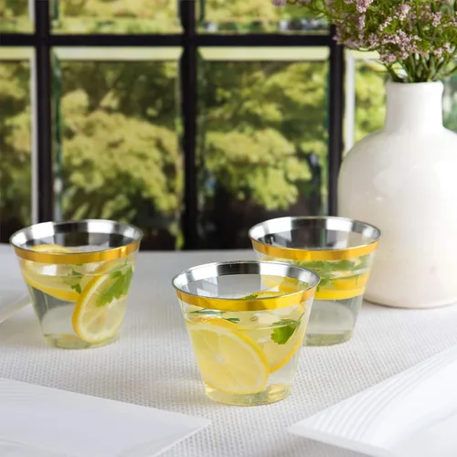 Vista 4 de PLASTICPRO Vasos de plástico desechables de 9 onzas, vasos de diseño antiguo, con borde dorado, 200 unidades, transparente Transparente con borde