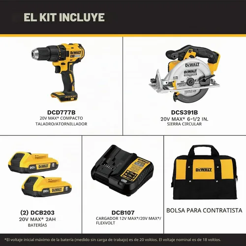Vista 2 de DEWALT 20V MAX Cordless Drill Driver and Circular Saw Combo Kit with 2 x 2 Ah Batteries and Charger, Contractor Bag (DCK252D2)
